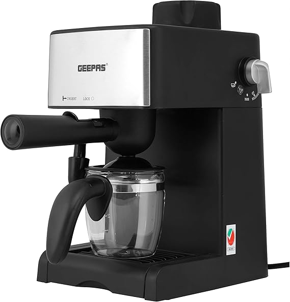 Geepas-Cappuccino Maker, Automatic Pressure Release, GCM6109 | 4 Cup Stainless Steel Filters | Control Knob with Indicator Lights | 240ml Aluminium Water Tank | Makes Cappuccino & Espresso