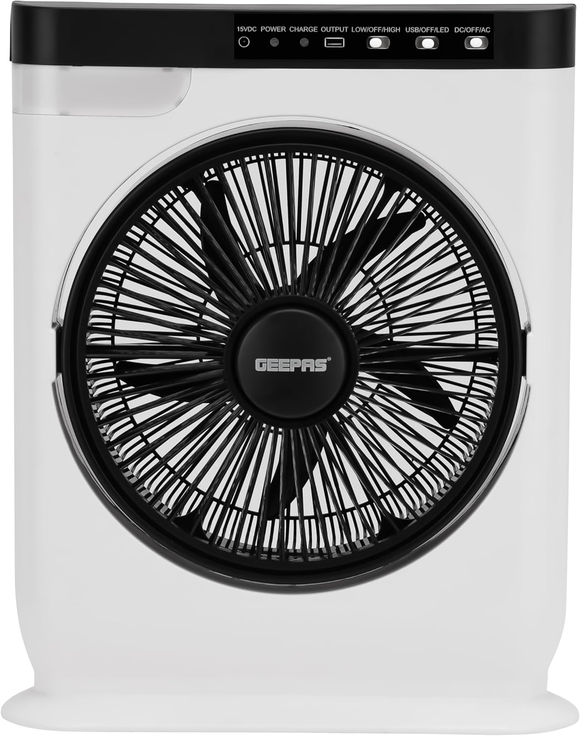 Geepas GF919 Rechargeable 12'' Box Fan | 10hrs working time | Powerful motor | Personal Desk Fan with Led Night Light,10 Hours Working Time, Solar Input, USB Output, Up/Down Tilting, Five Leaf Blades